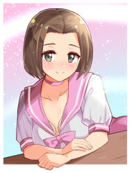 Rule 34 | 1girl, annallee (suikoden), breast padding, breasts, brown hair, choker, closed mouth, collarbone, commission, cougar (cougar1404), gensou suikoden, gensou suikoden ii, green eyes, looking at viewer, medium breasts, pink choker, puffy short sleeves, puffy sleeves, school uniform, short hair, short sleeves, skeb commission, smile, solo