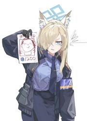 Rule 34 | 1girl, animal ear fluff, animal ears, armband, doodle sensei (blue archive), asymmetrical bangs, black gloves, black jacket, blonde hair, blue archive, blue eyes, blue necktie, blue shirt, blue skirt, collared shirt, cowboy shot, gloves, hair over one eye, halo, highres, holding, holding paper, jacket, kanna (blue archive), long sleeves, looking at viewer, ming pampam, necktie, open clothes, open jacket, paper, parted lips, sensei (blue archive), sharp teeth, shirt, simple background, skirt, solo, teeth, tie clip, v-shaped eyebrows, wanted, white background