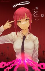 Rule 34 | 1girl, absurdres, black necktie, chain, chainsaw man, closed mouth, cross, eyelashes, finger gun, finger gun to head, fingernails, glowing, halo, highres, kachin, long hair, looking at viewer, makima (chainsaw man), necktie, red hair, ringed eyes, shirt tucked in, smile, solo, star (symbol), twitter username, yellow eyes