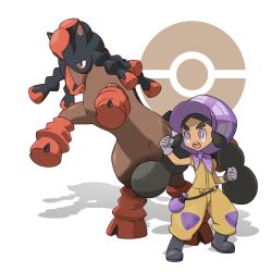 Rule 34 | &gt;:o, 1girl, :o, bad id, bad pixiv id, bag, belt, black belt, black footwear, black hair, bonnet, boots, bright pupils, clenched hands, creatures (company), dark skin, eyelashes, flat chest, game freak, gen 7 pokemon, gloves, hapu (pokemon), highres, hooves, horse, island kahuna, jumpsuit, long hair, looking away, looking to the side, mudsdale, nintendo, official style, open mouth, poke ball, pokemon, pokemon (creature), pokemon sm, puffy short sleeves, puffy sleeves, purple eyes, purple gloves, shadow, short sleeves, sidelocks, standing, tareme, teeth, tellzeta, thick eyebrows, tongue, twintails, v-shaped eyebrows