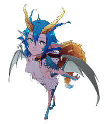 Rule 34 | 1girl, backless dress, backless outfit, blue eyes, blue hair, blue scales, claws, dragon girl, dragon horns, dragon tail, dragon wings, dress, hair between eyes, highres, horns, kaburagi yuki, looking at viewer, looking up, monster musume no oisha-san, pointy ears, scales, short hair, simple background, skadi dragenfelt, slit pupils, solo, tail, white background, white dress, wings