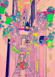 Rule 34 | 1girl, :o, alley, anklet, blonde hair, blue footwear, blush stickers, bow, braid, brick wall, building, check copyright, chromatic aberration, cloud, commentary request, copyright request, cross, dress, dress bow, floral print, frilled dress, frills, full body, gradient eyes, green bow, hair bow, hands on own chest, hanging plant, high heels, jewelry, leaf, long hair, looking ahead, low twin braids, multicolored eyes, orange sky, original, outdoors, parted lips, pink eyes, polka dot, polka dot bow, pumps, red dress, short dress, sky, slit pupils, solo, strapless, strapless dress, terada tera, twin braids, very long hair