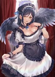 Rule 34 | 1girl, absurdres, angel, angel wings, apron, black hair, blue ribbon, breasts, cleavage, detached collar, dress, feathered wings, hachiroku (hatirokusann86), halo, hand on own chest, highres, large breasts, long hair, looking at viewer, maid, maid apron, maid headdress, open mouth, original, ribbon, smile, solo, wings, yellow eyes