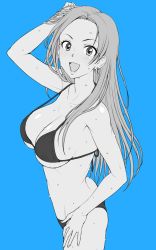 Rule 34 | 1girl, adjusting hair, arm up, bikini, blue background, blush, breasts, cleavage, collarbone, earrings, hand on own hip, highres, idolmaster, idolmaster cinderella girls, jewelry, large breasts, long hair, looking at viewer, matsunaga ryo, monochrome, nigou, open mouth, simple background, smile, solo, swimsuit