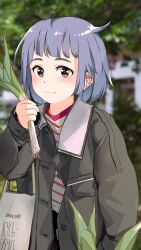 Rule 34 | 1girl, bag, blurry, blurry background, bob cut, brown eyes, closed mouth, coat, commentary, depth of field, eyelashes, food, green coat, grey hair, hair strand, hand in pocket, hand up, highres, holding, holding food, holding spring onion, holding vegetable, katya (servachok), light smile, long sleeves, looking at viewer, messy hair, open clothes, open coat, original, outdoors, red shirt, russian commentary, russian text, servachok, shirt, shopping bag, short hair, shoulder bag, smile, solo, spring onion, standing, striped clothes, striped shirt, thick eyebrows, translated, two-tone shirt, upper body, vegetable, white shirt