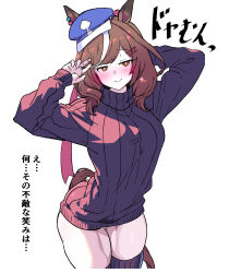 Rule 34 | 1girl, alternate costume, animal ears, arms up, black thighhighs, blue hat, blush, cabbie hat, clothing cutout, commentary request, ear ornament, ears through headwear, hair between eyes, hat, highres, horse ears, horse girl, horse tail, long hair, looking at viewer, matikane tannhauser (umamusume), multicolored hair, muscular, open mouth, purple sweater, ribbed sweater, simple background, smile, solo, streaked hair, sweater, tail, tail through clothes, thighhighs, thighs, translation request, turtleneck, turtleneck sweater, umamusume, white background, white hair, yaki apple, yellow eyes