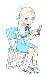 Rule 34 | 1girl, black bow, black bowtie, blonde hair, blue archive, blue eyes, bow, bowtie, bright pupils, cellphone, chair, closed mouth, collared shirt, flip phone, folding chair, full body, halo, hands up, highres, holding, holding phone, kamo (kamonabe 44), long hair, looking at viewer, overall shorts, overalls, phone, shirt, shoes, short sleeves, simple background, sitting, sneakers, socks, solo, sora (blue archive), strap slip, two side up, very long hair, white background, white footwear, white pupils, white shirt, wings