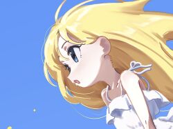 Rule 34 | 1girl, bare shoulders, blonde hair, blue eyes, blue sky, blush, bouen, close-up, dress, floating hair, highres, long hair, looking to the side, open mouth, original, sky, sleeveless, sleeveless dress, solo, white dress, wind