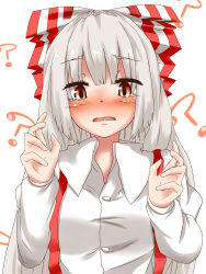 Rule 34 | 1girl, ?, bad id, bad pixiv id, blush, bow, female focus, fujiwara no mokou, hair bow, highres, juliet sleeves, long hair, long sleeves, looking at viewer, open mouth, puffy sleeves, red eyes, shirt, silver hair, simple background, solo, suspenders, tears, touhou, udongein, upper body, very long hair, wavy mouth, white background, yamato (muchuu paradigm)