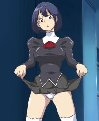 Rule 34 | 1girl, agent aika, aika (series), black delmo, black skirt, blue hair, blush, breasts, brown eyes, clothes lift, covered erect nipples, delmo, delmogeny uniform, highres, kuroyoshi, large breasts, lifted by self, military, military uniform, miniskirt, neckerchief, open mouth, panties, red neckerchief, short hair, skirt, skirt lift, solo, thighhighs, underwear, uniform, white panties, white thighhighs