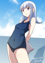 Rule 34 | 10s, 1girl, alternate costume, arms behind back, blue eyes, blue hair, breasts, covered navel, e20, hatsukaze (kancolle), kantai collection, kickboard, matching hair/eyes, one-piece swimsuit, open mouth, school swimsuit, small breasts, solo, swimsuit