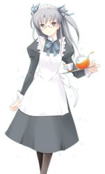 Rule 34 | 1girl, apron, bow, cup, dasoku sentarou, female focus, glasses, grey eyes, maid, maid apron, maid headdress, pantyhose, ribbon, silver hair, simple background, solo, standing, tea, teacup, teapot, thighhighs, tray, white background