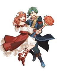 Rule 34 | 1boy, 1girl, alm (fire emblem), alternate costume, belt, boots, bouquet, celica (fire emblem), couple, earrings, feet, fire emblem, fire emblem echoes: shadows of valentia, fire emblem heroes, flower, full body, green eyes, green hair, hair flower, hair ornament, holding hands, headband, highres, jewelry, long hair, necklace, nintendo, official art, open mouth, red eyes, red hair, sandals, teeth, transparent background