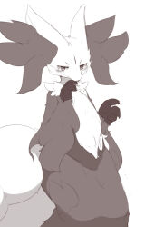 Rule 34 | 1girl, animal ear fluff, animal ears, blush, body fur, chipar, closed mouth, creatures (company), delphox, female focus, fox ears, fox girl, fox tail, furry, furry female, game freak, gen 6 pokemon, greyscale, hand to own mouth, hands up, looking at viewer, monochrome, multicolored fur, neck fur, nintendo, pokemon, pokemon (creature), simple background, sketch, snout, solo, standing, tail, white background