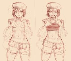 Rule 34 | 1girl, 2equal8, :|, abs, angry, badge, belt, belt pouch, beret, black hair, blush, bob cut, breasts, bubble, closed mouth, commentary, cowboy shot, dazed, embarrassed, empty eyes, epaulettes, expressionless, groin, hair between eyes, half-closed eyes, hat, headwear request, hypnosis, ispin charles, legs apart, looking at viewer, lowleg, lowleg pants, midriff, military, military uniform, mind control, monochrome, multiple views, navel, nipples, nose blush, open clothes, open shirt, opened by self, pants, pouch, short hair, shorts, shouting, simple background, sketch, small breasts, standing, tales weaver, thighhighs, tomboy, toned, undressing, unfinished, uniform, v-shaped eyebrows