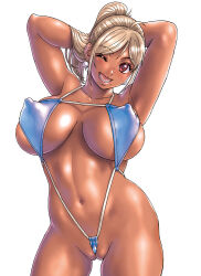 Rule 34 | 1girl, arms behind head, blonde hair, breasts, cameltoe, cleft of venus, covered erect nipples, dark-skinned female, dark skin, earrings, haebaru misora, hagure idol jigokuhen, jewelry, large breasts, long hair, looking at viewer, mole, mole under mouth, navel, nipples visible through swimsuit, one eye closed, ponytail, pubic stubble, red eyes, slingshot swimsuit, smile, solo, standing, swimsuit, takatou rui
