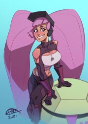 Rule 34 | 1girl, absurdly long hair, black gloves, blue background, blunt bangs, breasts, cleavage, clothing cutout, dated, entrapta, gloves, gradient background, hagfish, highres, large breasts, long hair, parted lips, purple hair, red eyes, shadow, she-ra and the princesses of power, shoulder cutout, signature, smile, solo, twintails, very long hair