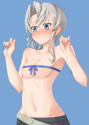 Rule 34 | 10s, 1girl, blue background, blue eyes, blush, breasts, embarrassed, kantai collection, nowaki (kancolle), rei no himo, ribbon, short hair, silver hair, simple background, solo, tks (526tks)