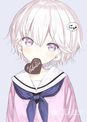 Rule 34 | artist name, black shirt, blue background, blue neckerchief, candy, capriccio, chocolate, chocolate heart, commentary request, food, food in mouth, hair between eyes, heart, mouth hold, neckerchief, original, pink sweater, purple eyes, sailor collar, school uniform, serafuku, shirt, short hair, simple background, solo, sweater, translation request, upper body, valentine, white hair, white sailor collar
