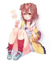 Rule 34 | 1girl, absurdres, animal ears, ass, blue footwear, blush, bone hair ornament, braid, breasts, brown eyes, brown hair, collarbone, commentary request, dog ears, dog girl, dog tail, dress, hair between eyes, hair ornament, highres, hololive, inugami korone, inugami korone (1st costume), jacket, large breasts, long hair, looking at viewer, open mouth, red socks, shoes, simple background, sitting, smile, socks, solo, taemin, tail, twin braids, virtual youtuber, white background, white dress, yellow jacket