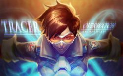Rule 34 | 1girl, absurdres, anson jun, artist name, bodysuit, bomber jacket, breasts, brown eyes, brown hair, brown jacket, character name, chest harness, copyright name, emblem, goggles, harness, highres, jacket, logo, looking at viewer, outstretched arms, overwatch, overwatch 1, parted lips, pink lips, short hair, sleeves rolled up, smile, solo, spiked hair, tracer (overwatch), union jack