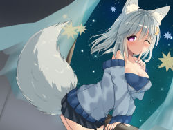 Rule 34 | 1girl, absurdres, akahaneko, animal ears, black skirt, blue nails, blush, breasts, finger to cheek, fox ears, fox girl, fox tail, garter straps, hair ornament, hairpin, highres, long sleeves, looking at viewer, medium breasts, medium hair, miniskirt, nail polish, off-shoulder sweater, off shoulder, one eye closed, original, pink eyes, silver hair, skirt, smile, solo, sweater, tail, tail raised