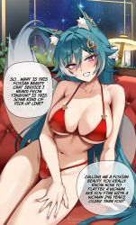 Rule 34 | 1girl, animal ear fluff, animal ears, bare shoulders, bikini, blush, breasts, collarbone, commentary, couch, dark green hair, extra ears, fox ears, fox girl, fox tail, foxyreine, grin, groin, hair ornament, highres, honkai: star rail, honkai (series), lamp, large breasts, long hair, looking at viewer, medium breasts, mole, mole on breast, nail polish, navel, on couch, pink nails, purple eyes, red bikini, sitting, sky, smile, solo, space, speech bubble, star (sky), starry sky, swimsuit, symbol-only commentary, tail, thighs, yukong (honkai: star rail)