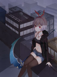 Rule 34 | 1girl, absurdres, arm support, belt, belt buckle, black jacket, blood, blue shorts, breasts, brown belt, brown thighhighs, buckle, building, cityscape, cleavage, closed mouth, collarbone, commentary request, crop top, cuts, ds a, hair ribbon, highres, holding, holding scythe, hood, hood down, hooded jacket, injury, jacket, long sleeves, looking at viewer, medium breasts, midriff, navel, off shoulder, open clothes, open jacket, original, outdoors, red eyes, red hair, red ribbon, ribbon, scythe, short shorts, shorts, silver hair, smile, solo, thighhighs, window