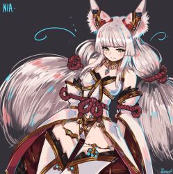 Rule 34 | 1girl, animal ears, bare shoulders, blush, breasts, chest jewel, cowboy shot, detached sleeves, grey background, highleg, highleg leotard, highres, leotard, long hair, low twintails, medium breasts, nia (blade) (xenoblade), nia (xenoblade), puffphox, silver hair, simple background, solo, spoilers, thighhighs, twintails, very long hair, xenoblade chronicles (series), xenoblade chronicles 2, yellow eyes