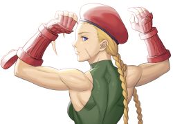 Rule 34 | 1girl, ahoge, antenna hair, arms up, back, bare shoulders, beret, blonde hair, blue eyes, braid, cammy white, closed mouth, commentary request, facial scar, fingerless gloves, flexing, from behind, gloves, green leotard, hat, huge ahoge, leotard, long hair, looking at viewer, looking back, noppo (tarstation), profile, red gloves, red hat, scar, scar on cheek, scar on face, shoulder blades, simple background, solo, street fighter, street fighter v, toned, twin braids, upper body, white background, wrist guards