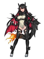 Rule 34 | 1girl, alternate color, bad id, bad twitter id, bat wings, black hair, black thighhighs, bodysuit, boots, charizard, creatures (company), demon girl, female focus, full body, game freak, gen 1 pokemon, gloves, hand on own hip, heterochromia, highres, horns, katagiri hachigou, leotard, long hair, low wings, mega charizard x, mega pokemon, nintendo, open mouth, personification, pointy ears, pokemon, scarf, shiny pokemon, simple background, smile, solo, thigh boots, thigh strap, thighhighs, white background, wings