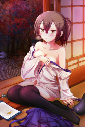 Rule 34 | 10s, 1girl, bare shoulders, black thighhighs, breasts, brown eyes, brown hair, cleavage, collarbone, female focus, formal, full body, highres, indoors, japanese clothes, kaga (kancolle), kantai collection, large breasts, long hair, looking at viewer, muneate, on floor, open mouth, pleated skirt, side ponytail, sitting, skirt, skirt suit, solo, suit, thighhighs, undressing, yokozuwari, zen mine