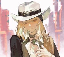 Rule 34 | 1girl, black choker, black jacket, blonde hair, blurry, blurry background, choker, closed mouth, collared shirt, commentary, cowboy hat, day, english commentary, green brooch, hat, highres, jacket, long hair, martian (douwwwy), mole beside mouth, official alternate costume, outdoors, red eyes, reverse:1999, shirt, smoke, solo, tennant (reverse:1999), tennant (roaming in delhi) (reverse:1999), upper body, white hat, white shirt