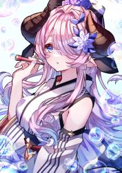Rule 34 | 1girl, bare shoulders, blue eyes, breasts, bubble, blowing bubbles, commentary request, draph, flower, granblue fantasy, hair flower, hair ornament, hair over one eye, highres, horns, japanese clothes, kimono, large breasts, long hair, nail polish, narmaya (granblue fantasy), pointy ears, purple flower, purple hair, purple nails, solo, white kimono, yoake, yukata