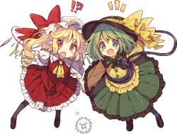 Rule 34 | !?, &gt;:d, 2girls, :d, :o, aqua eyes, ascot, black hat, black legwear, blonde hair, blouse, blue legwear, bow, brown footwear, flandre scarlet, frilled hat, frilled shirt, frilled shirt collar, frilled skirt, frills, full body, green hair, green skirt, hat, hat bow, hat ribbon, holding hands, kedama (touhou), komeiji koishi, loafers, long hair, looking at viewer, mob cap, multiple girls, open mouth, pixel art, pointy ears, puffy short sleeves, puffy sleeves, red bow, red eyes, red skirt, red vest, ribbon, shirt, shoes, short hair, short sleeves, side ponytail, skirt, smile, third eye, touhou, transparent background, usamata, v-shaped eyebrows, vest, white hat, wide sleeves, wings, yellow ascot, yellow ribbon, yellow shirt