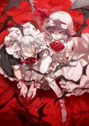Rule 34 | 2girls, apron, ascot, bat (animal), bat wings, black dress, bow, braid, brooch, closed mouth, dress, fangs, from above, grey hair, hair between eyes, hair bow, hat, hat ribbon, highres, izayoi sakuya, jewelry, looking at viewer, looking up, maid, maid headdress, mob cap, multiple girls, neck ribbon, no-kan, pantyhose, parted lips, puffy short sleeves, puffy sleeves, red eyes, red footwear, remilia scarlet, ribbon, shoes, short sleeves, sitting, smile, touhou, twin braids, waist apron, white dress, white legwear, wings, wrist cuffs
