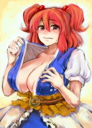 Rule 34 | 1girl, blush, breasts, cleavage, closed mouth, clothes pull, commentary request, hair between eyes, hair bobbles, hair ornament, huge breasts, ifelt (tamaki zutama), looking at viewer, obi, onozuka komachi, pulling own clothes, red eyes, red hair, sash, short sleeves, solo, touhou, two side up, upper body, yellow background