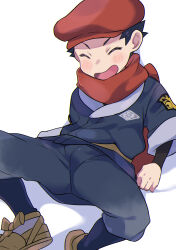 Rule 34 | 1boy, black hair, black shirt, blush, brown footwear, chokutsuu (menino), closed eyes, commentary request, creatures (company), game freak, grey jacket, grey pants, hat, highres, jacket, logo, male focus, nintendo, open mouth, pants, pokemon, pokemon legends: arceus, red hat, red scarf, rei (pokemon), scarf, shirt, shoes, short hair, solo, spread legs, white background
