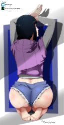 1girl absurdres arms_up artist_name ass back barefoot black_hair blunt_bangs closed_mouth cutoffs denim denim_shorts feet from_behind full_body hellzwyn highres hyuuga_hinata light_smile long_sleeves looking_at_viewer looking_back mature_female medium_hair midriff_peek naruto_(series) no_pupils patreon_username pink_eyes seiza shirt short_shorts shorts sideways_glance sitting soles solo toes twitter_username vest watermark