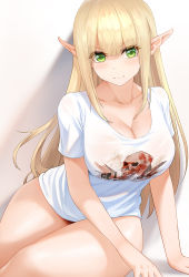 Rule 34 | 1girl, blonde hair, blush, bottomless, breasts, cleavage, collarbone, commentary, curvy, elf, eyelashes, green eyes, grey background, hair between eyes, highres, large breasts, long hair, looking at viewer, naked shirt, no bra, no panties, obaoba (monkeyix), original, pointy ears, shadow, shirt, sidelocks, sitting, smile, solo, t-shirt, thick thighs, thighs, white shirt, wide hips