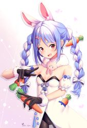 Rule 34 | 1girl, :d, animal ear fluff, animal ears, bare shoulders, black gloves, black pantyhose, blue hair, braid, breasts, carrot, carrot hair ornament, cowboy shot, detached sleeves, don-chan (usada pekora), food-themed hair ornament, gloves, hair ornament, highres, hololive, kuri (animejpholic), long hair, looking at viewer, multicolored hair, open mouth, pantyhose, rabbit ears, simple background, smile, thick eyebrows, twin braids, two-tone hair, usada pekora, usada pekora (1st costume), virtual youtuber, white hair