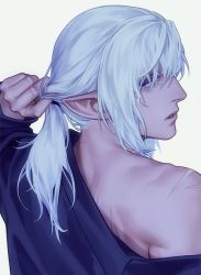 Rule 34 | 1boy, commentary, elezen, elf, english commentary, estinien varlineau, final fantasy, final fantasy xiv, from behind, grey hair, half-closed eyes, hand in own hair, looking back, low ponytail, male focus, medium hair, off shoulder, parted lips, pointy ears, portrait, purple eyes, realistic, scar, scar on arm, scar on back, scar on neck, simple background, solo, untying, white background, zhyphenth