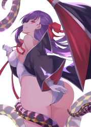 Rule 34 | 100, 100percent park, 1girl, absurdres, ass, bare shoulders, bat wings, bb (fate), bb (fate) (all), bb (swimsuit mooncancer) (fate), bb (swimsuit mooncancer) (third ascension) (fate), black coat, bow, breasts, coat, fate/grand order, fate (series), from behind, gloves, hair bow, hair ribbon, highleg, highleg leotard, highres, large breasts, leotard, licking lips, long hair, long sleeves, looking at viewer, looking back, neck ribbon, off shoulder, open clothes, open coat, popped collar, purple hair, red eyes, red ribbon, ribbon, simple background, smile, solo, tentacles, thighs, tongue, tongue out, vampire costume, very long hair, white background, white gloves, white leotard, wide sleeves, wings