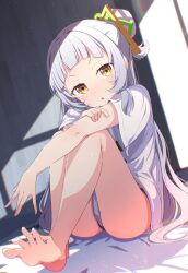 Rule 34 | artist request, ass, barefoot, feet, highres, hololive, legs together, murasaki shion, panties, sitting, toes, underwear, virtual youtuber, white hair, yellow eyes