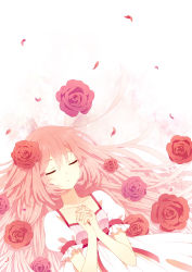Rule 34 | 1girl, bad id, bad pixiv id, collarbone, dress, closed eyes, flower, hair flower, hair ornament, own hands clasped, interlocked fingers, long hair, nail polish, original, own hands together, petals, pink flower, pink hair, pink rose, red flower, red rose, rose, sleeping, solo, tayako, upper body, very long hair, white dress