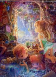 Rule 34 | 1girl, 2boys, absurdres, barefoot, bed, bed sheet, blonde hair, blue eyes, book, buttons, calendar (object), cat, chair, child, clock, colorful, cup, doll, dress, fish, highres, leaf, lying, map, multiple boys, on bed, on stomach, orange hair, original, panties, pantyshot, pen, pencil, petals, photo (object), red eyes, room, scan, sky, star (symbol), teruterubouzu, tree, tsukushi akihito, underwear