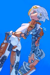 Rule 34 | 1girl, absurdres, aqua eyes, armor, artist name, ass, asymmetrical arms, blonde hair, blue background, breasts, colored skin, from behind, highres, joints, koutetu yarou, looking at viewer, looking back, mechanical arms, multicolored hair, nude, original, ringed eyes, robot girl, robot joints, short hair, sideboob, small breasts, solo, two-tone hair, white hair, white skin