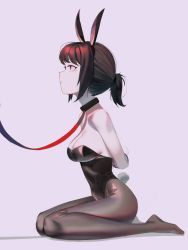 Rule 34 | 1girl, absurdres, animal ears, arms behind back, bare shoulders, bound, bound arms, bound wrists, brown collar, brown hair, closed mouth, collar, fake animal ears, fake tail, green eyes, highres, kneeling, leash, leotard, long hair, looking up, no shoes, original, pantyhose, playboy bunny, ponytail, purple background, rabbit ears, rabbit tail, siguya, simple background, sketch, smile, tail
