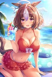 Rule 34 | 1girl, ahoge, akashio (loli ace), animal ears, bare arms, bare legs, bare shoulders, beach, bikini, blush, breasts, brown hair, cleavage, collarbone, commentary request, day, drink, drinking straw, hair between eyes, hairband, highres, holding, holding drink, horse ears, horse girl, horse tail, huge ahoge, innertube, large breasts, meisho doto (umamusume), ocean, open mouth, outdoors, pink hairband, purple eyes, red bikini, short hair, smile, solo, swim ring, swimsuit, tail, umamusume, white hair