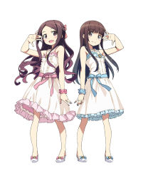 Rule 34 | 2girls, :d, absurdres, alice (claris), blush, bow, brown eyes, brown hair, clara (claris), claris (group), curly hair, dress, frilled dress, frills, full body, happy, high heels, highres, jewelry, kanzaki hiro, long hair, multiple girls, nail polish, necklace, no socks, open mouth, ribbon, shoes, simple background, smile, symmetrical hand pose, symmetry